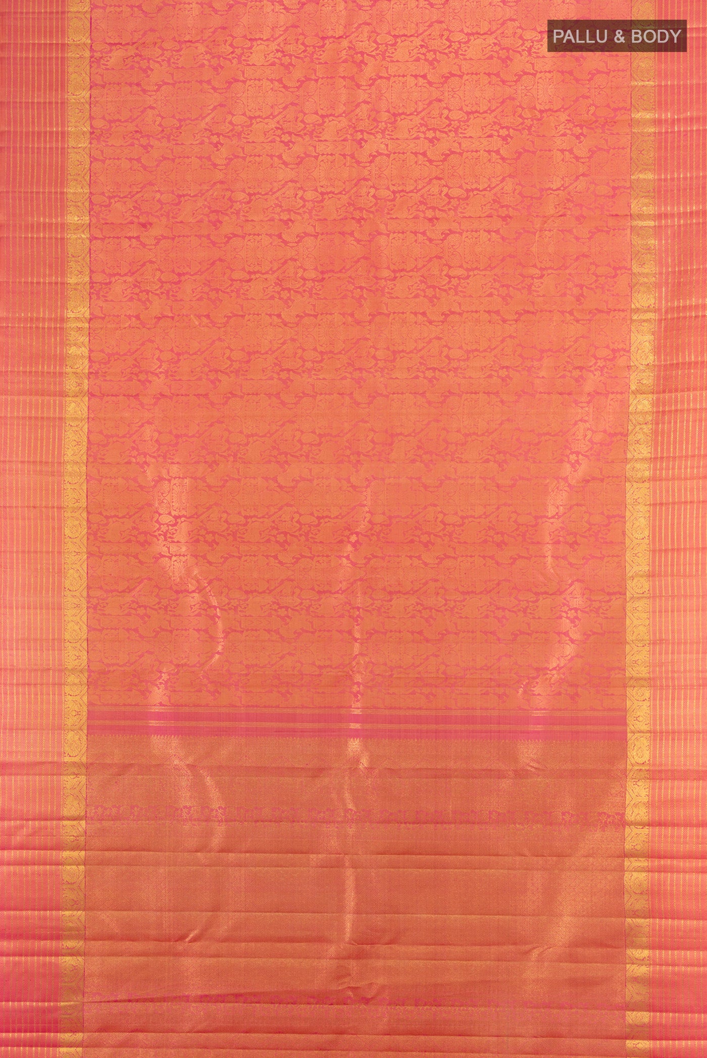 Flat view of Golden Peach Dual Tone Kanchipuram Silk Saree with Zari Brocade on the body and Zari Border. 