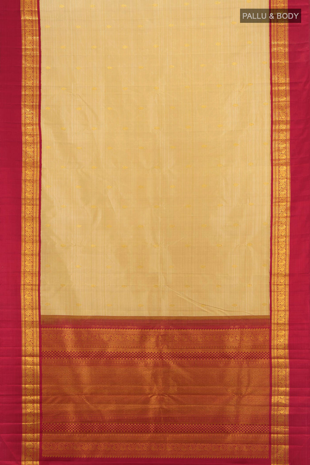 Flat view of Pure Silk Pure Zari Sandal Kanchipuram Saree with Zari Butta on the body and Zari Border. 