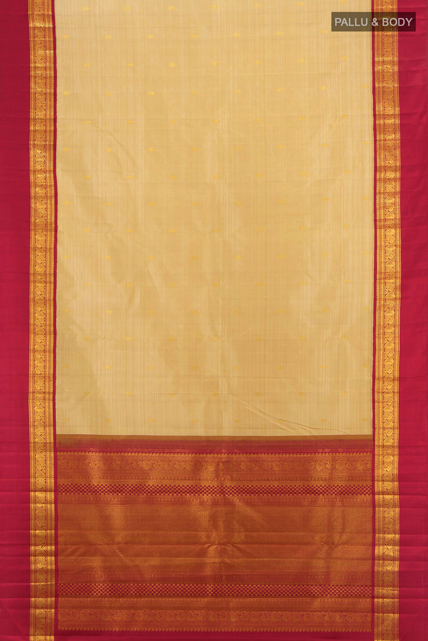 Flat view of Pure Silk Pure Zari Sandal Kanchipuram Saree with Zari Butta on the body and Zari Border. 