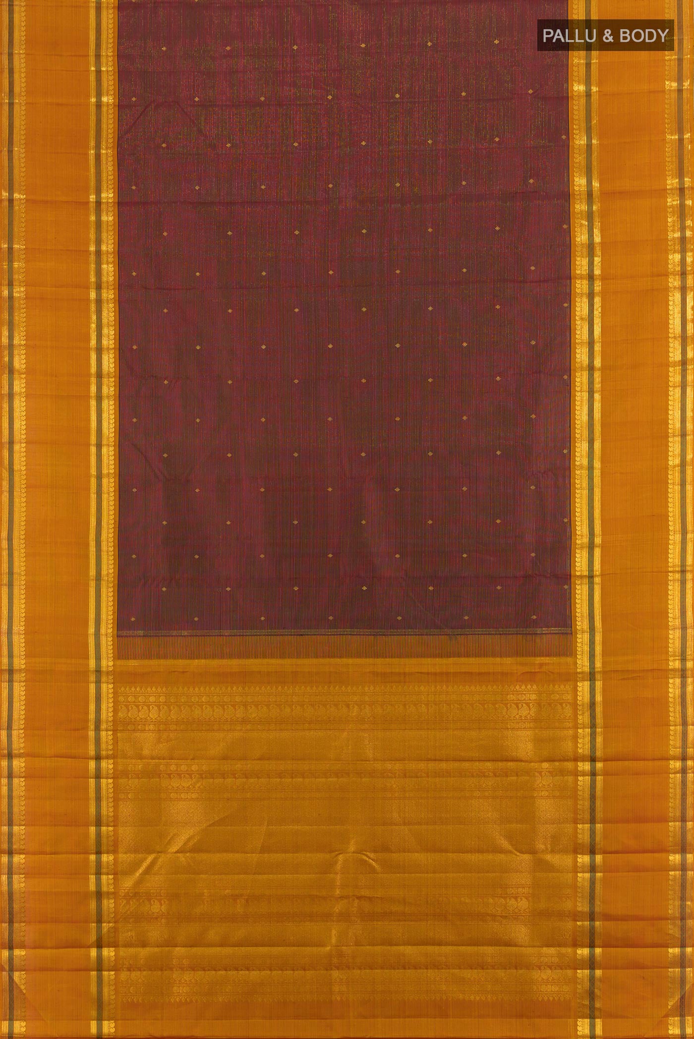 Flat view of Pure Silk Pure Zari Maroon Kanchipuram Saree with Zari Brocade on the body and Zari Border. 