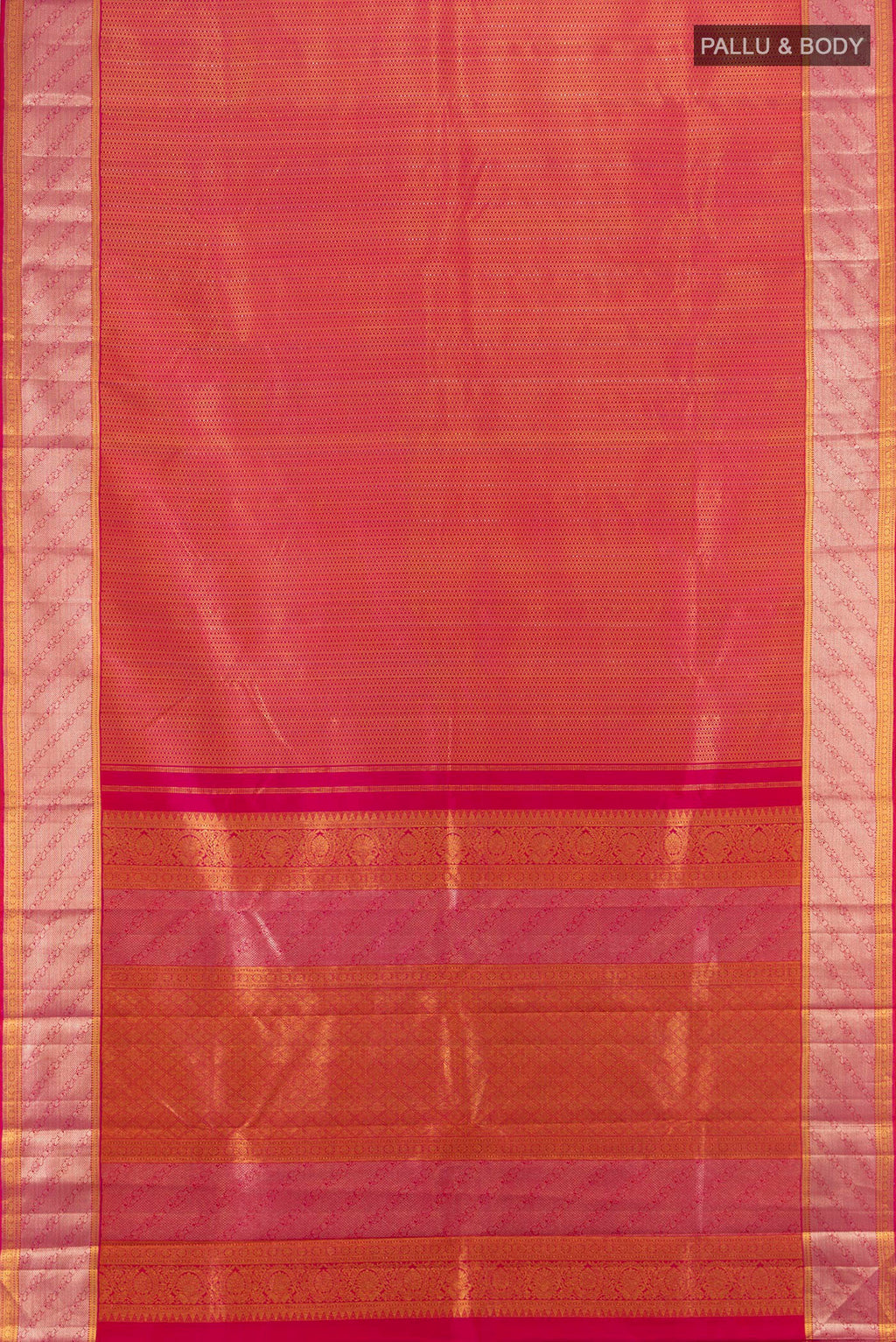 Flat view of Dark Pink Kanchipuram Silk Saree with Zari Brocade on the body and Zari Border. 