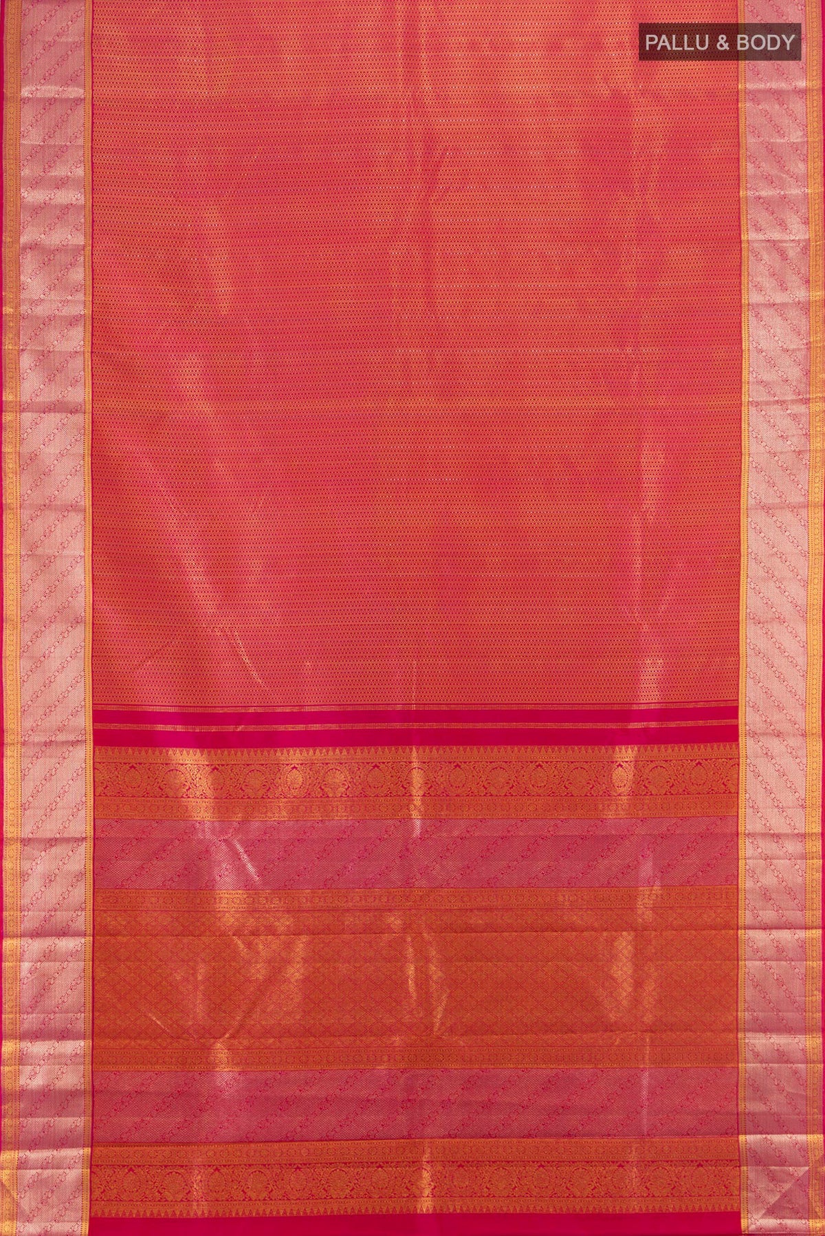 Flat view of Dark Pink Kanchipuram Silk Saree with Zari Brocade on the body and Zari Border. 