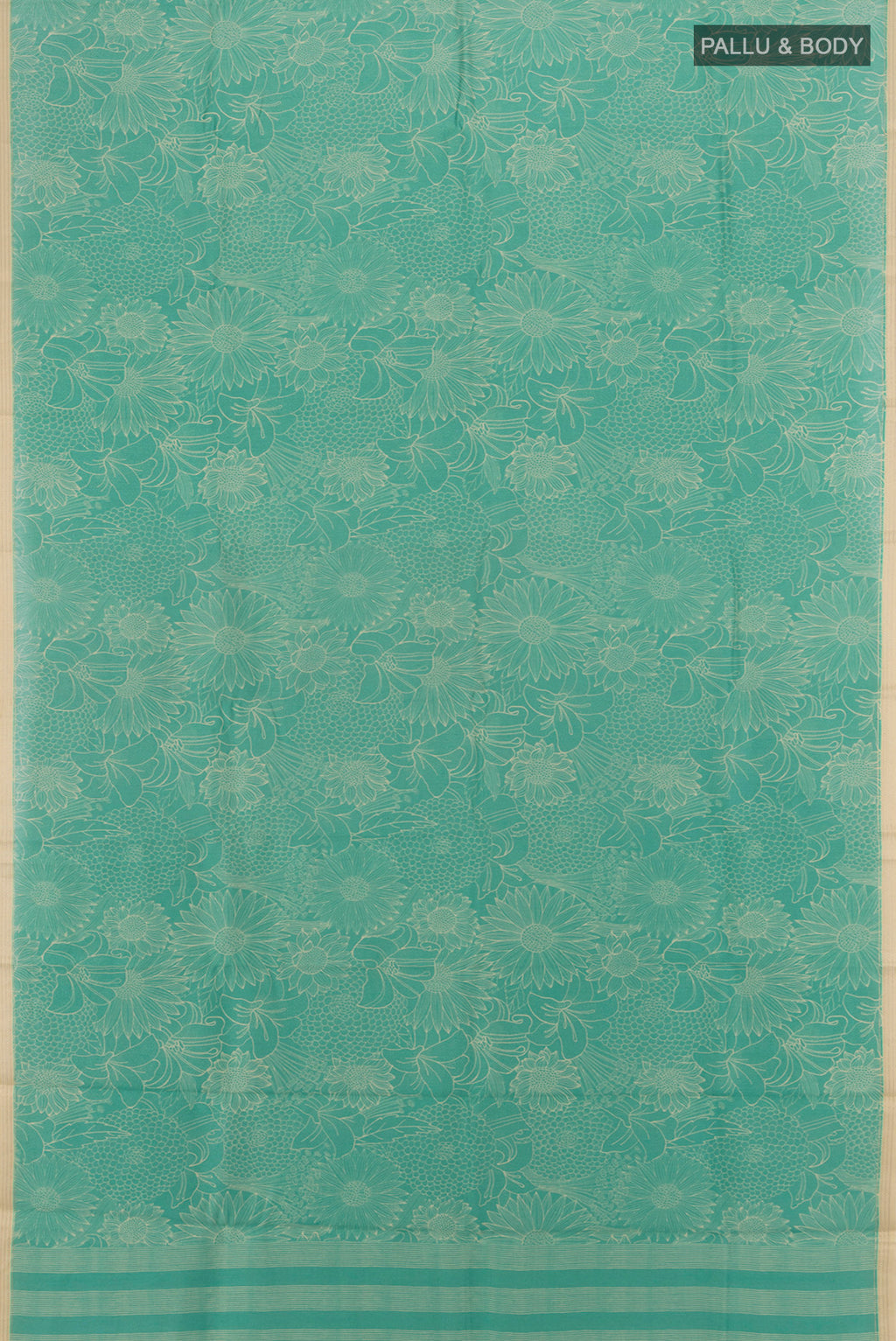 Flat view of Sky Blue Tussar Silk Saree with Floral Print on the body and Zari Border. 