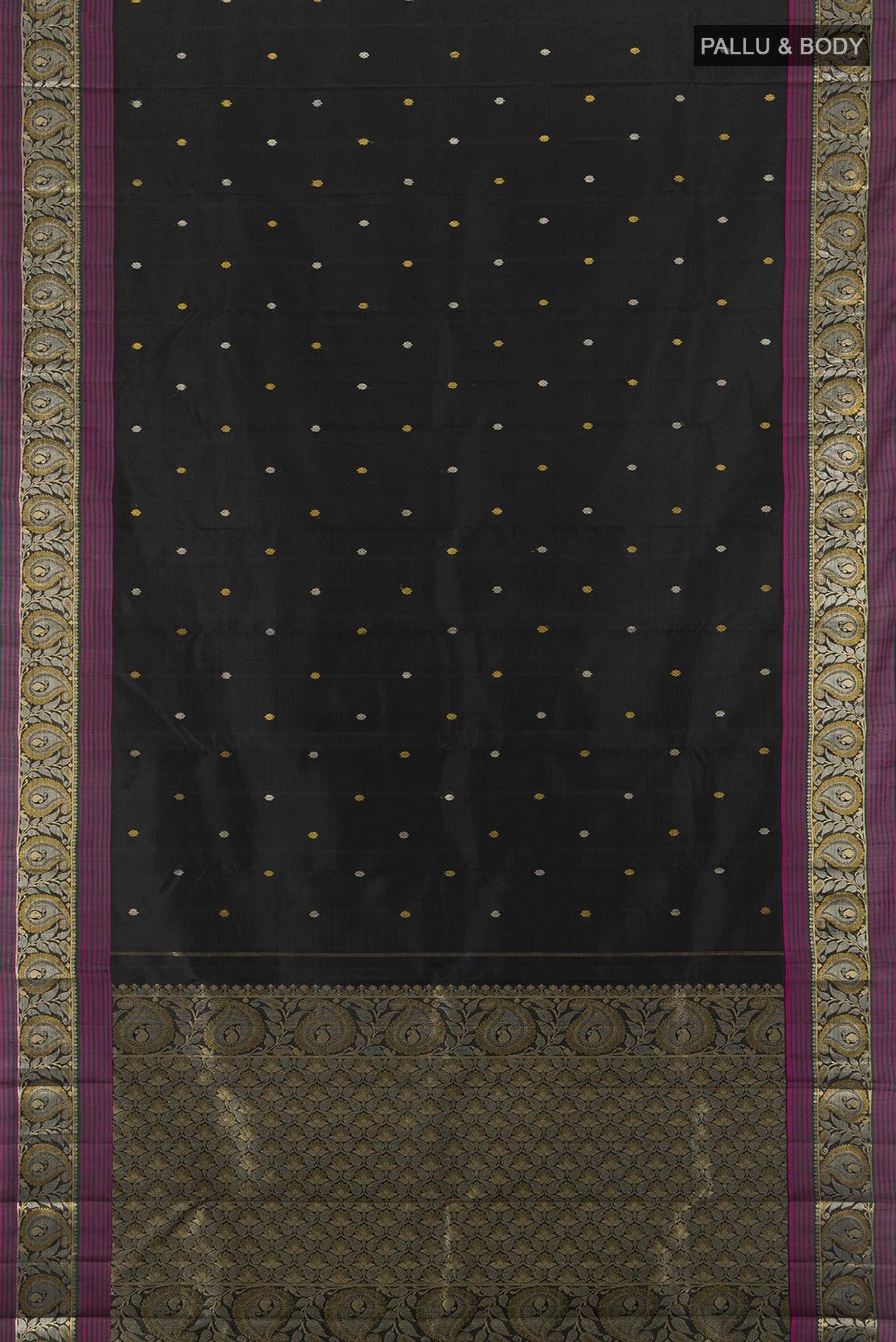 Flat view of Black Kanjivaram Silk Saree with Zari Butta on the body and Zari Border. 