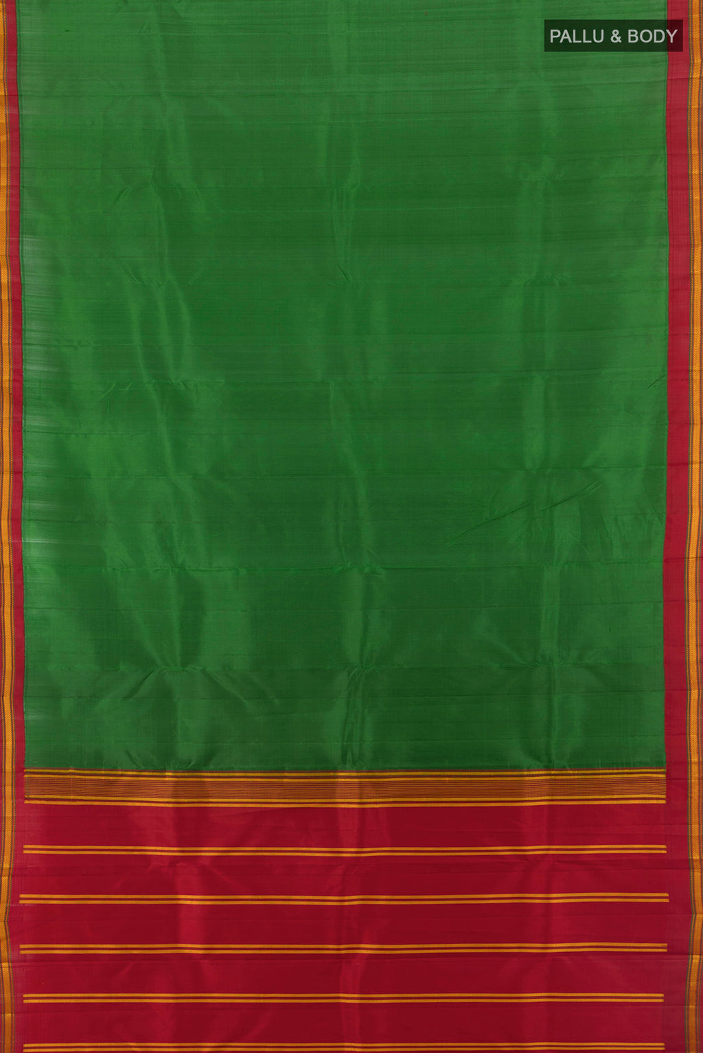 Flat view of Green Kanjivaram Silk Saree with Plain Body and Thread Border. 