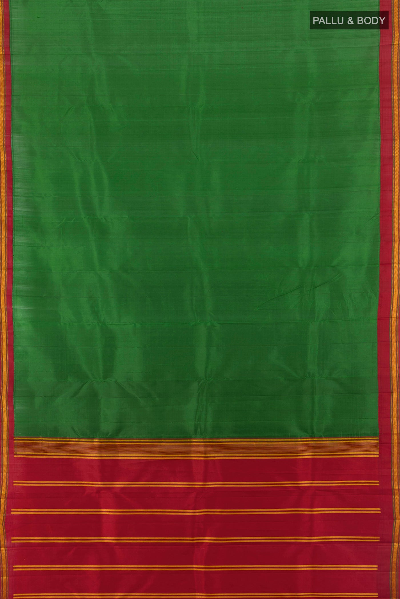 Flat view of Green Kanjivaram Silk Saree with Plain Body and Thread Border. 