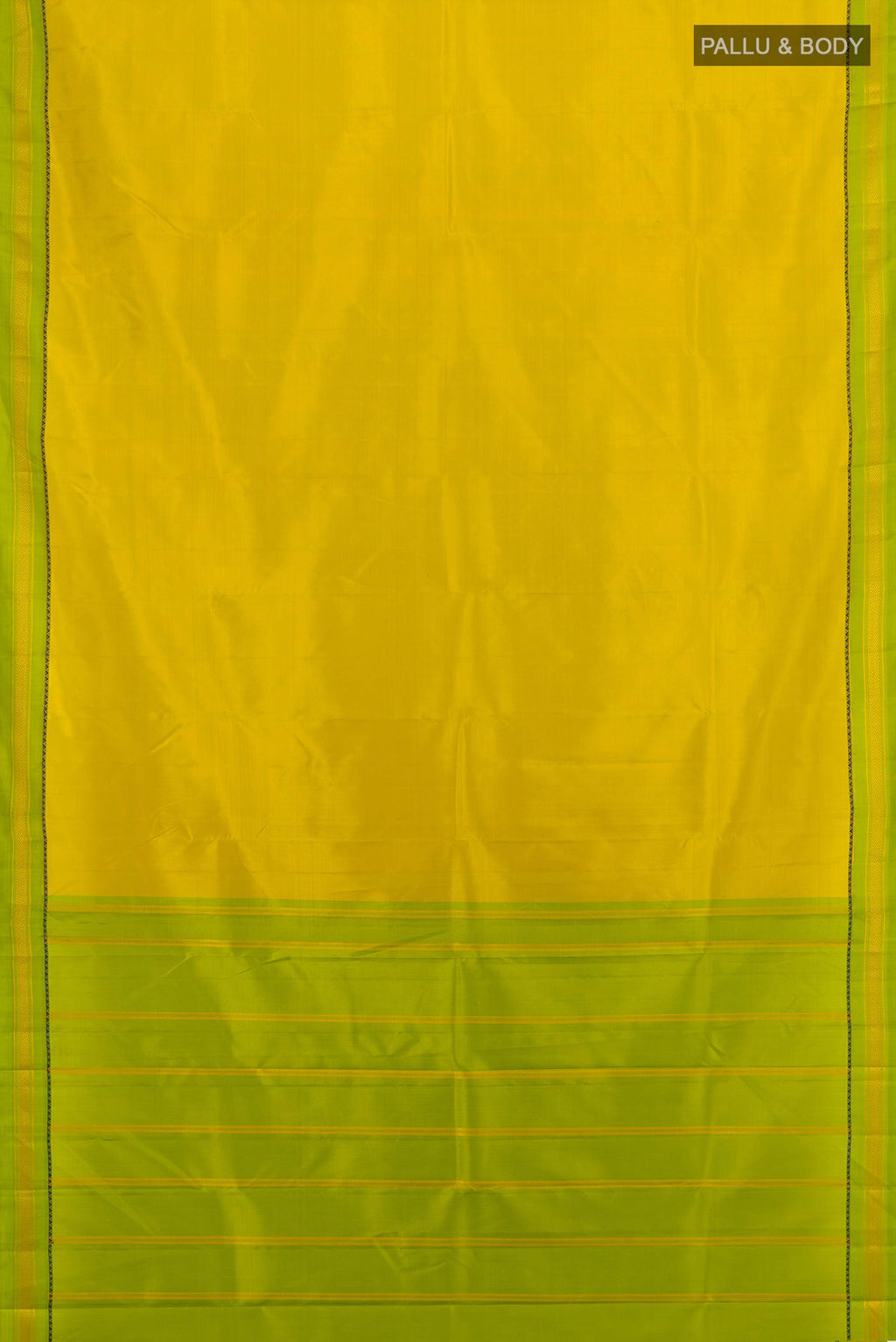 Flat view of Light Green Kanjivaram Silk Saree with Plain Body and Zari Border. 