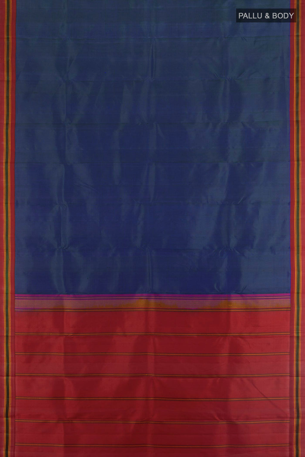 Flat view of Peacock Blue Kanjivaram Silk Saree with Plain Body and Thread Border. 