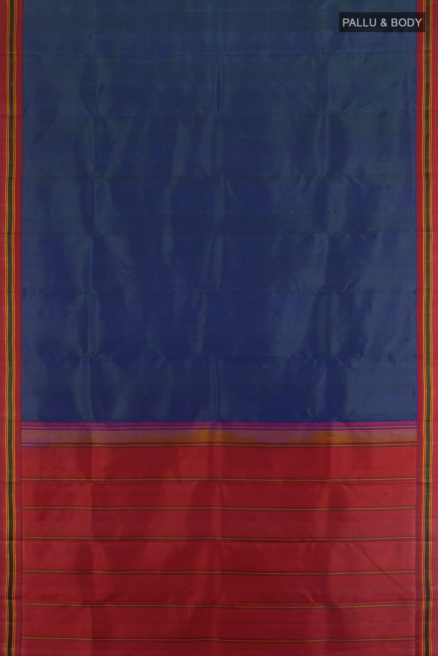 Flat view of Peacock Blue Kanjivaram Silk Saree with Plain Body and Thread Border. 