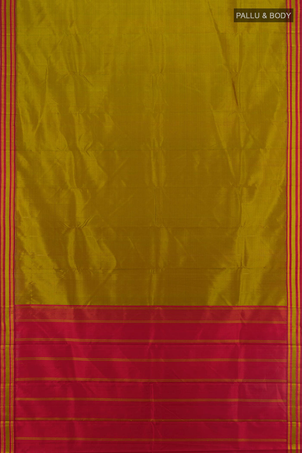 Flat view of Mehandi Green Kanjivaram Silk Saree with Plain Body and Thread Border. 