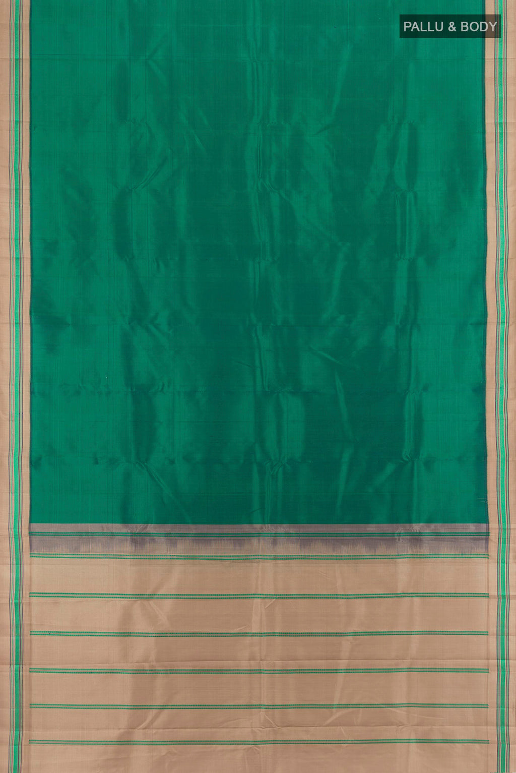 Flat view of Bottle Green Kanjivaram Silk Saree with Plain Body and Thread Border. 