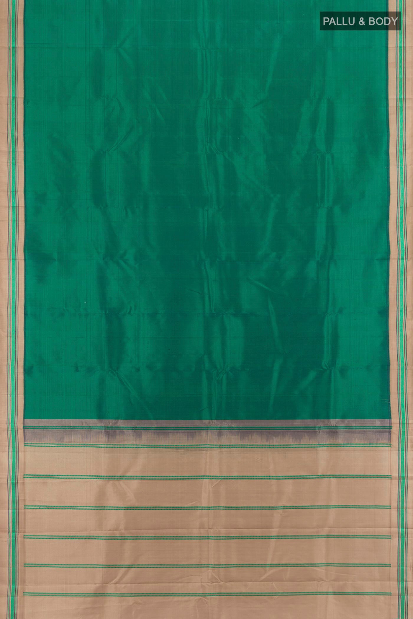 Flat view of Bottle Green Kanjivaram Silk Saree with Plain Body and Thread Border. 