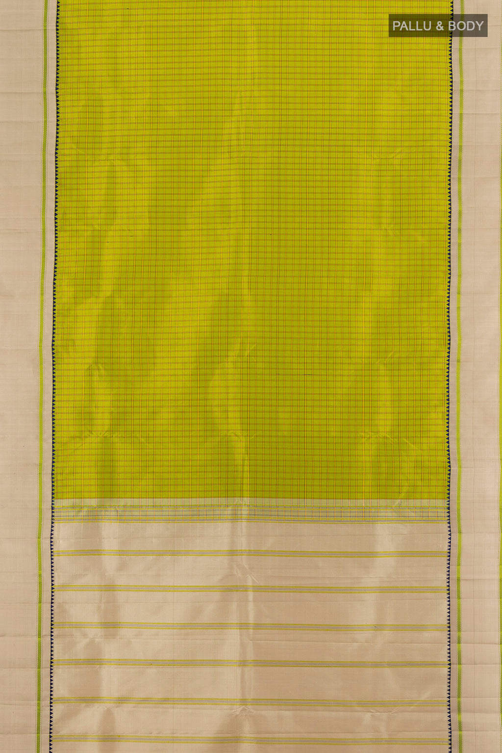Flat view of Light Green Kanjivaram Silk Saree with Checked design on the body and Plain Border. 