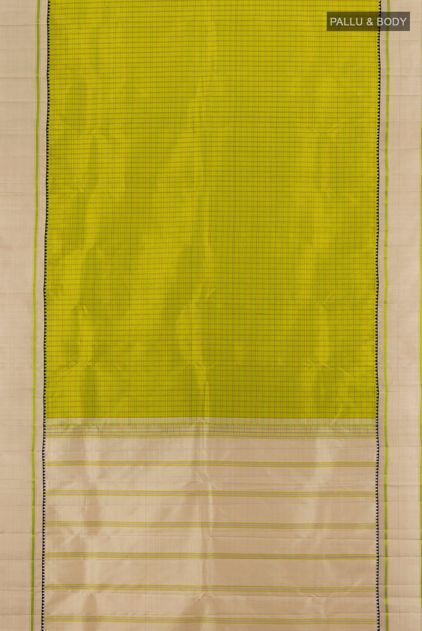 Flat view of Light Green Kanjivaram Silk Saree with Checked design on the body and Plain Border. 