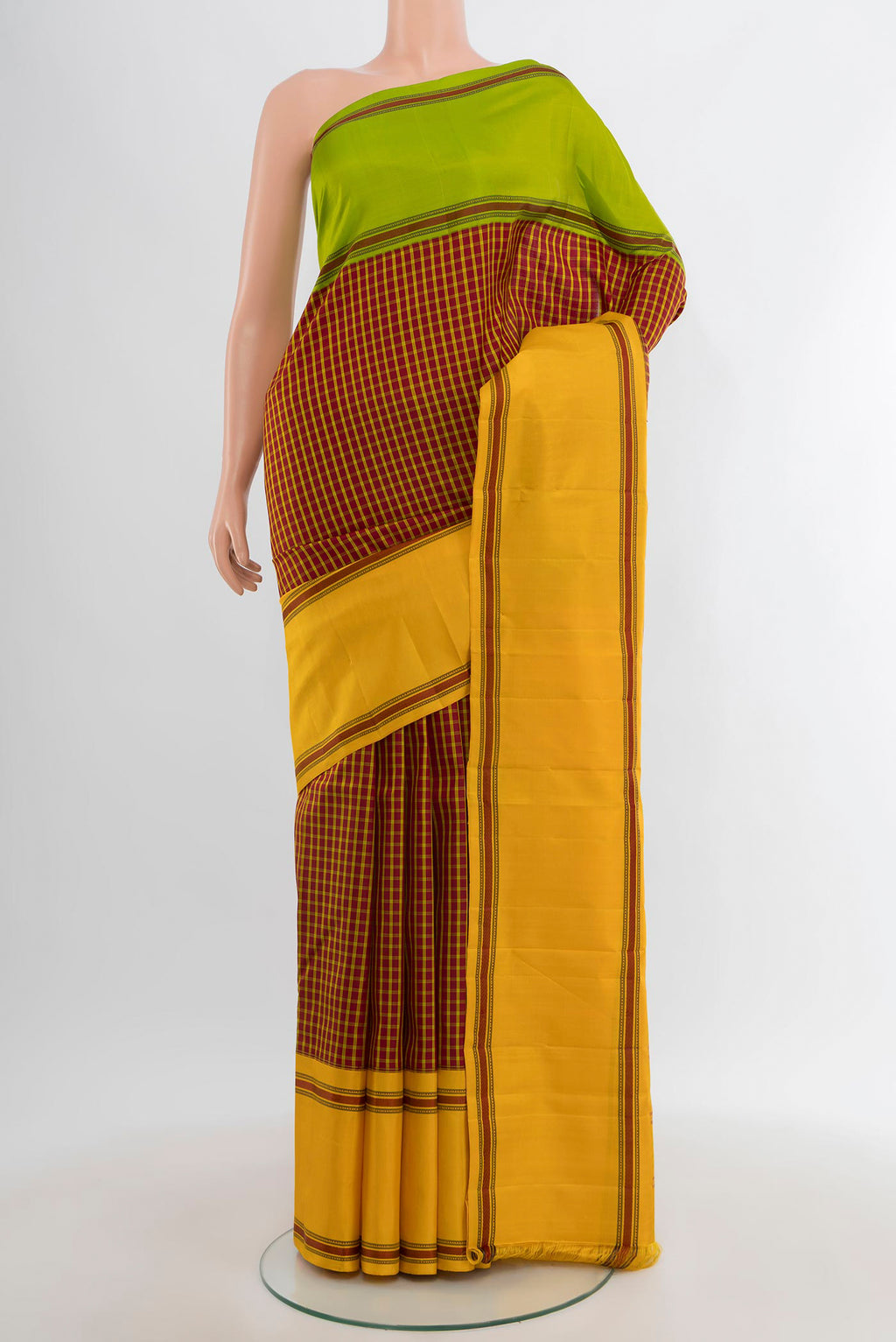Maroon Kanchipuram Silk Saree with Checked design on the body and Thread Border.  displayed on a mannequin