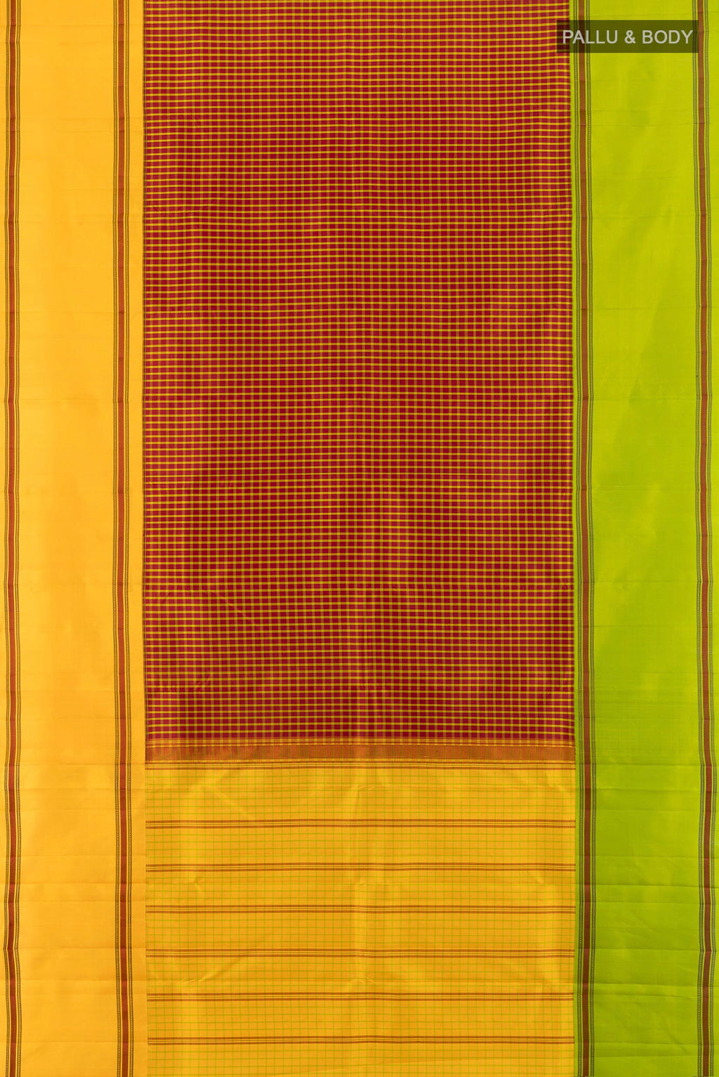 Flat view of Maroon Kanchipuram Silk Saree with Checked design on the body and Thread Border. 