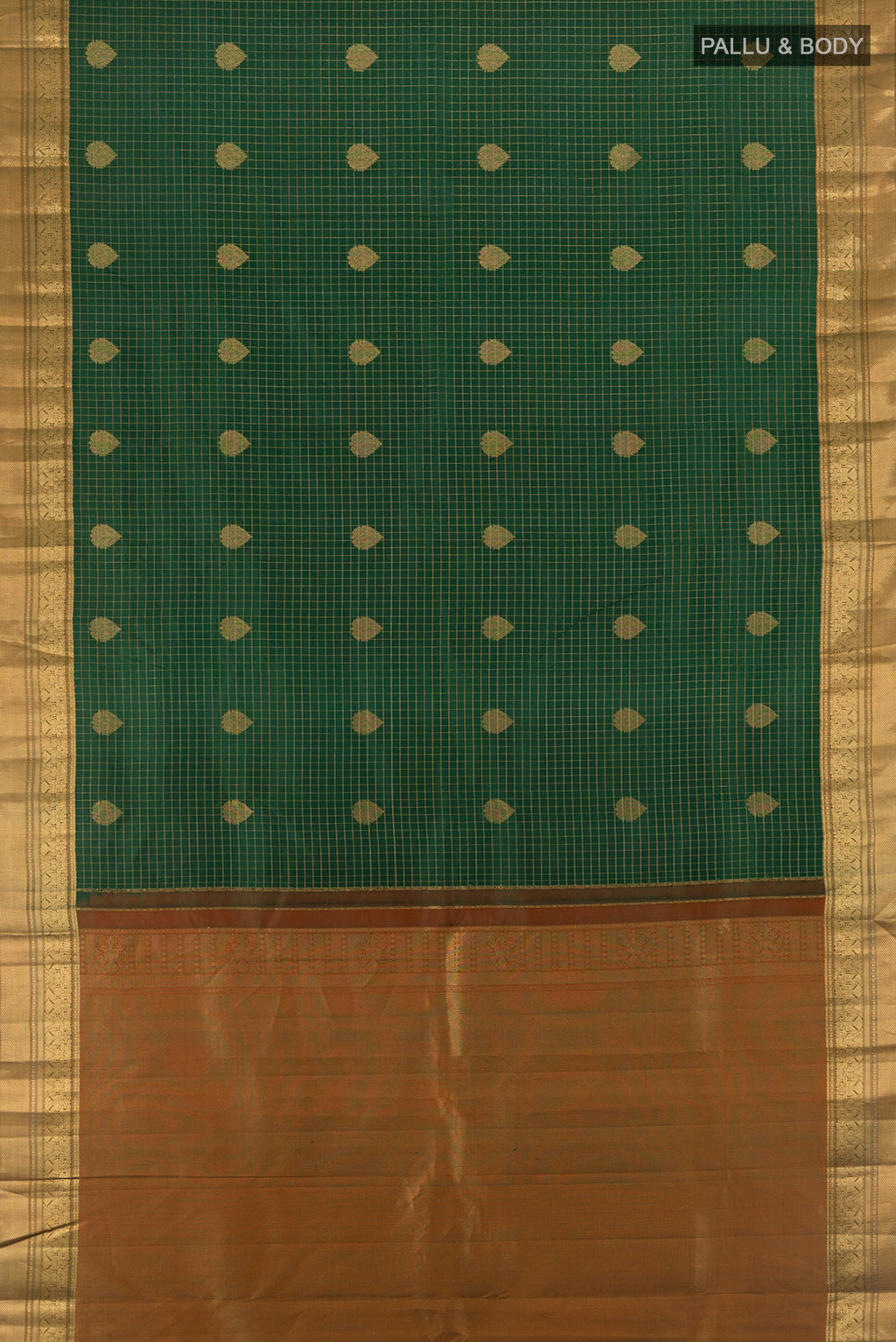 Flat view of Bottle Green Kanjivaram Silk Saree with Checked design on the body and Zari Border. 