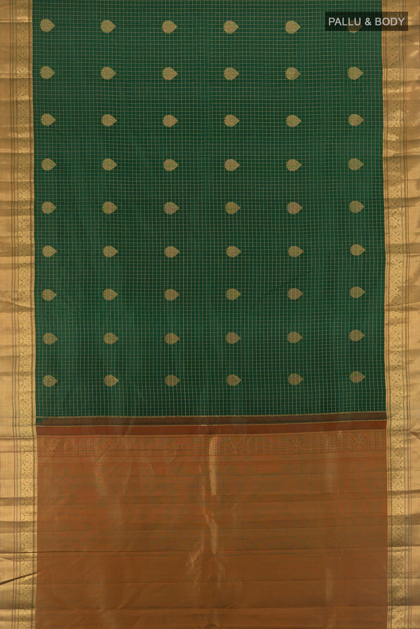 Flat view of Bottle Green Kanjivaram Silk Saree with Checked design on the body and Zari Border. 
