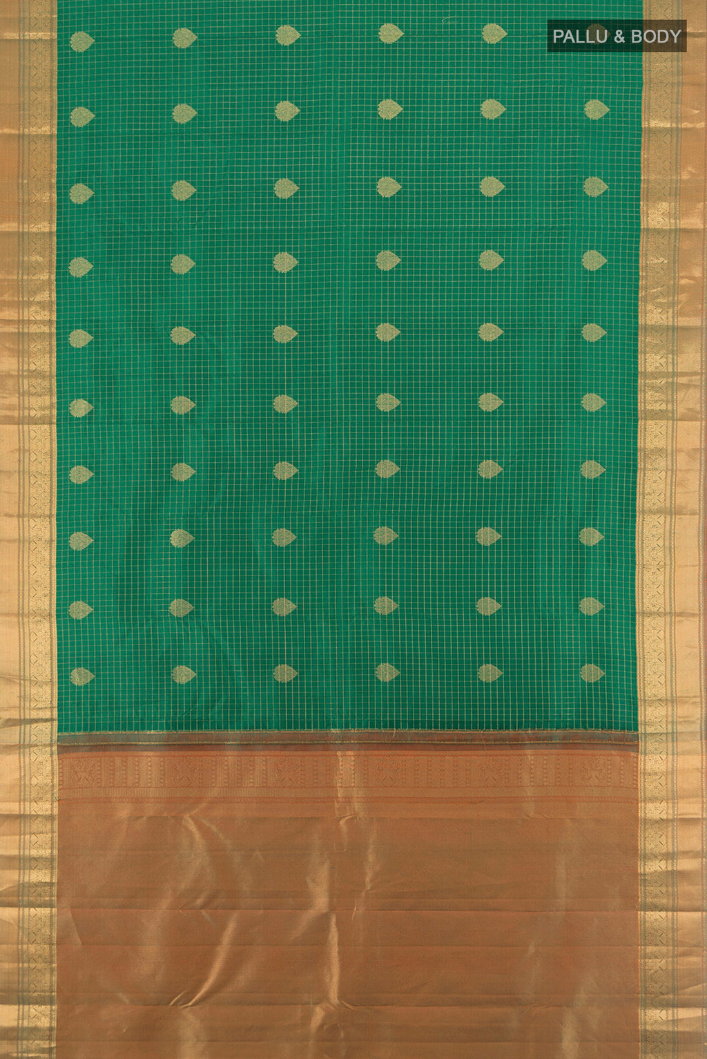 Flat view of Green Kanjivaram Silk Saree with Checked design on the body and Zari Border. 