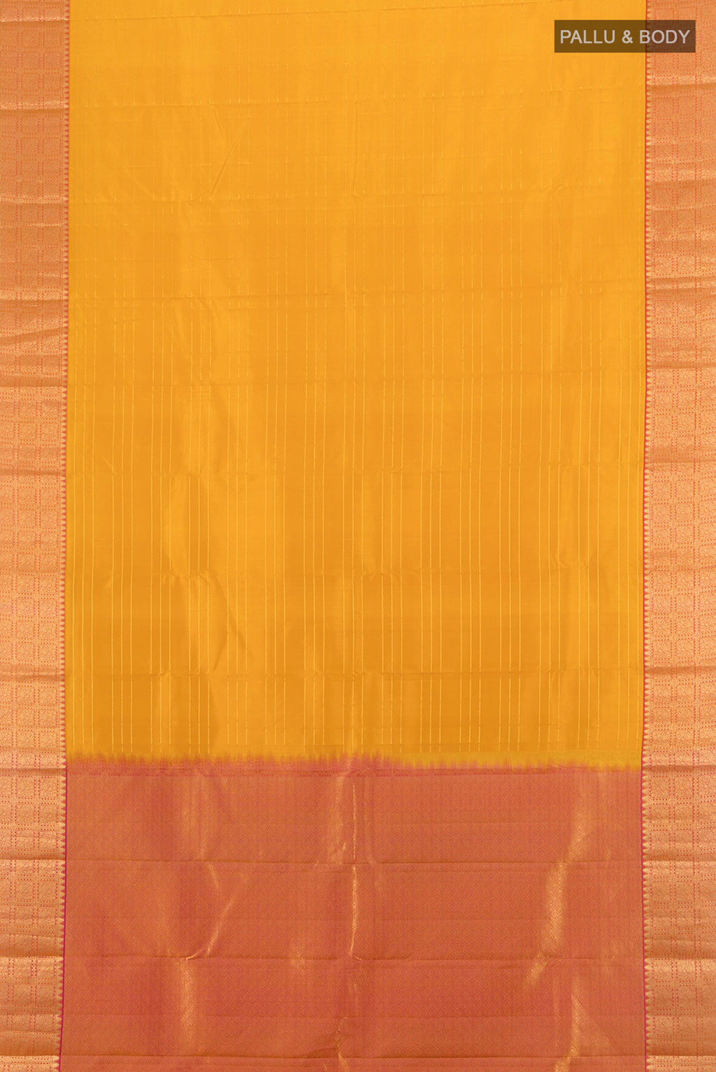 Flat view of Mustard Kanchipuram Silk Saree with Stripes on the body and Zari Border. 