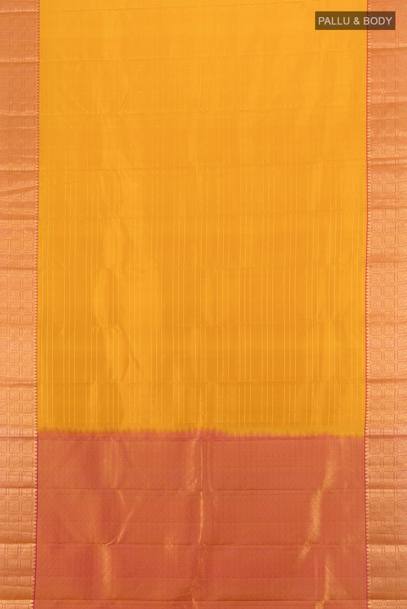 Flat view of Mustard Kanchipuram Silk Saree with Stripes on the body and Zari Border. 