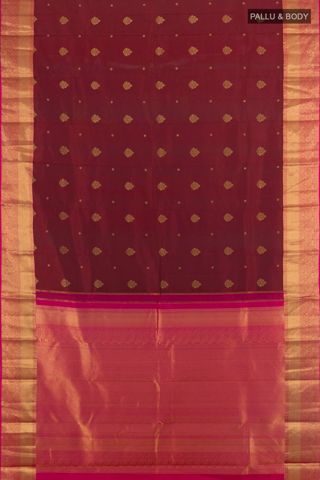 Flat view of Pure Silk Maroon Kanjivaram Saree with Zari Butta on the body and Zari Border. 