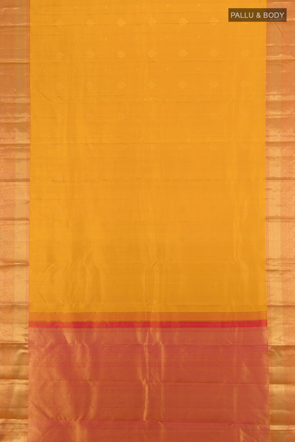 Flat view of Mustard Kanjivaram Silk Saree with Zari Butta on the body and Zari Border. 