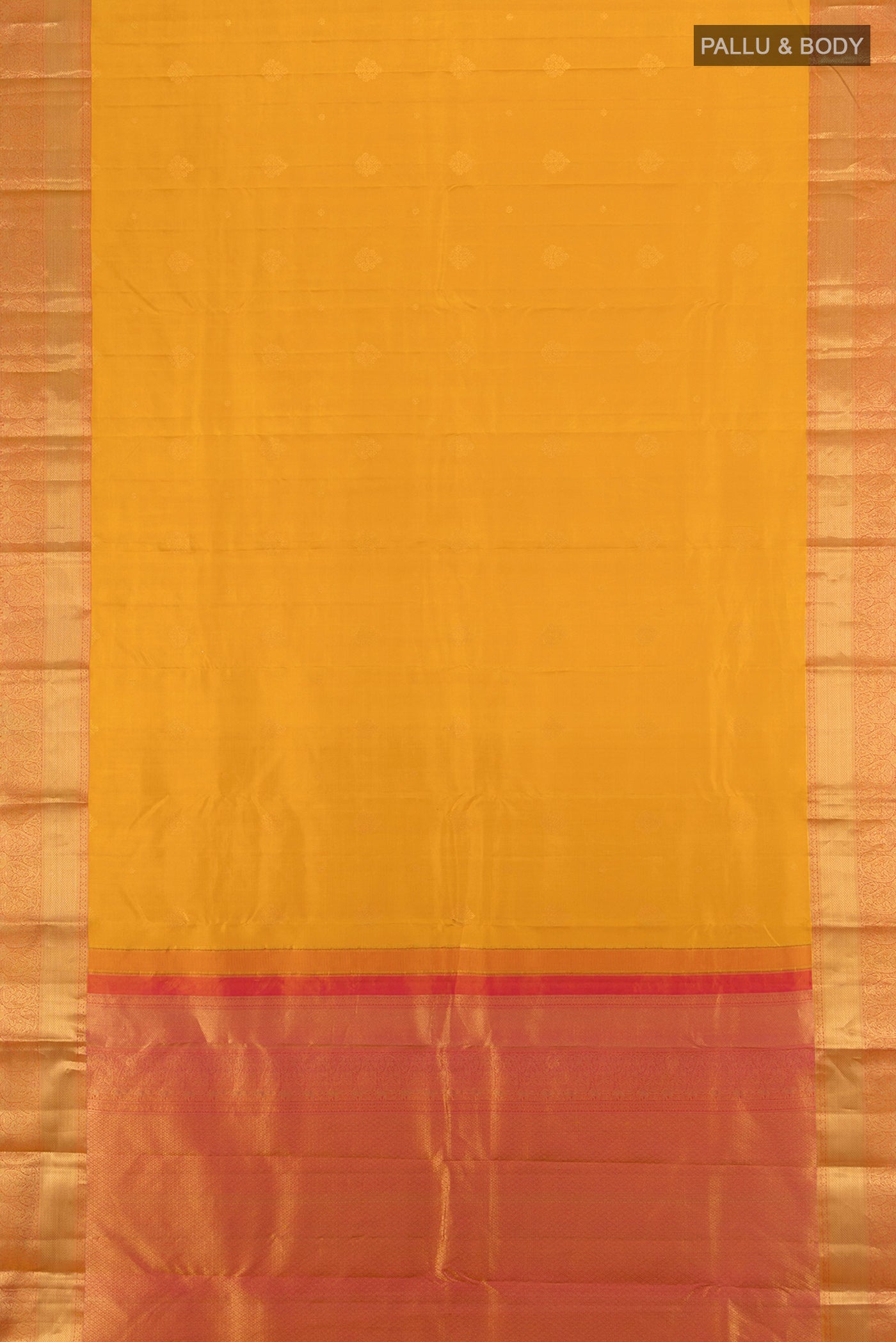 Flat view of Mustard Kanjivaram Silk Saree with Zari Butta on the body and Zari Border. 