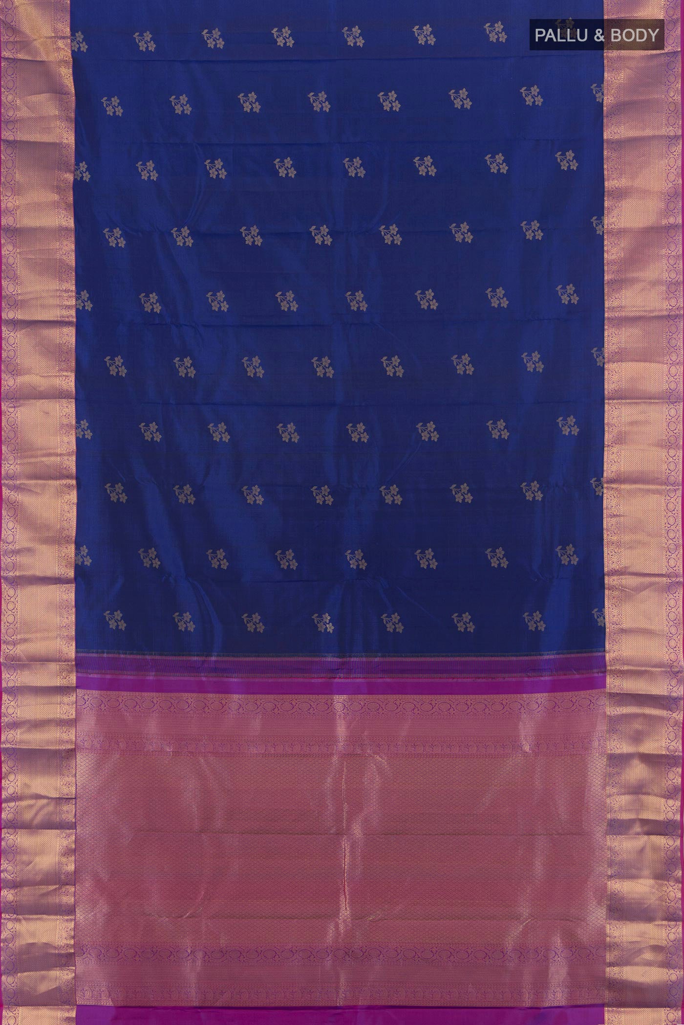 Flat view of Dark Blue Kanjivaram Silk Saree with Zari Butta on the body and Zari Border. 