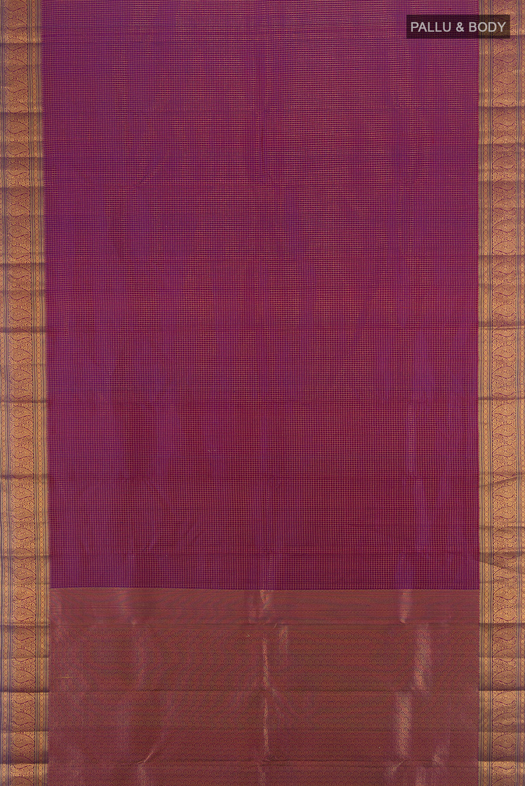 Flat view of Purple Kanchipuram Silk Saree with Checked design on the body and Zari Border. 