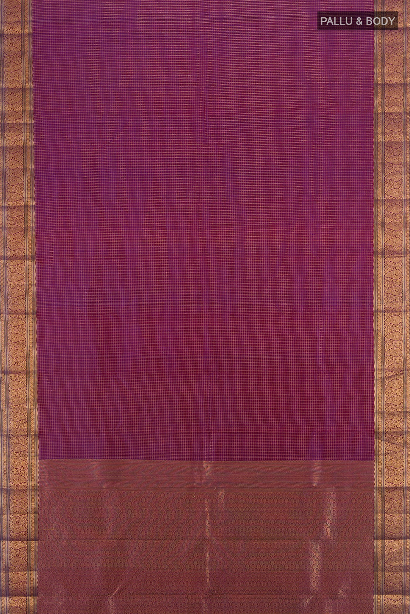 Flat view of Purple Kanchipuram Silk Saree with Checked design on the body and Zari Border. 