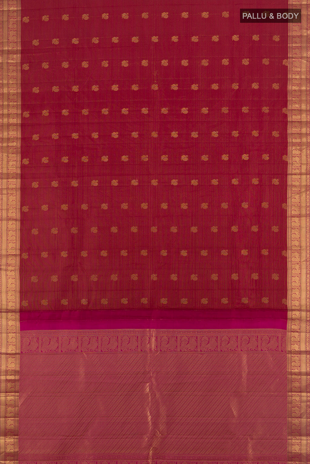 Flat view of Maroon Kanchipuram Silk Saree with Zari Butta on the body and Zari Border. 