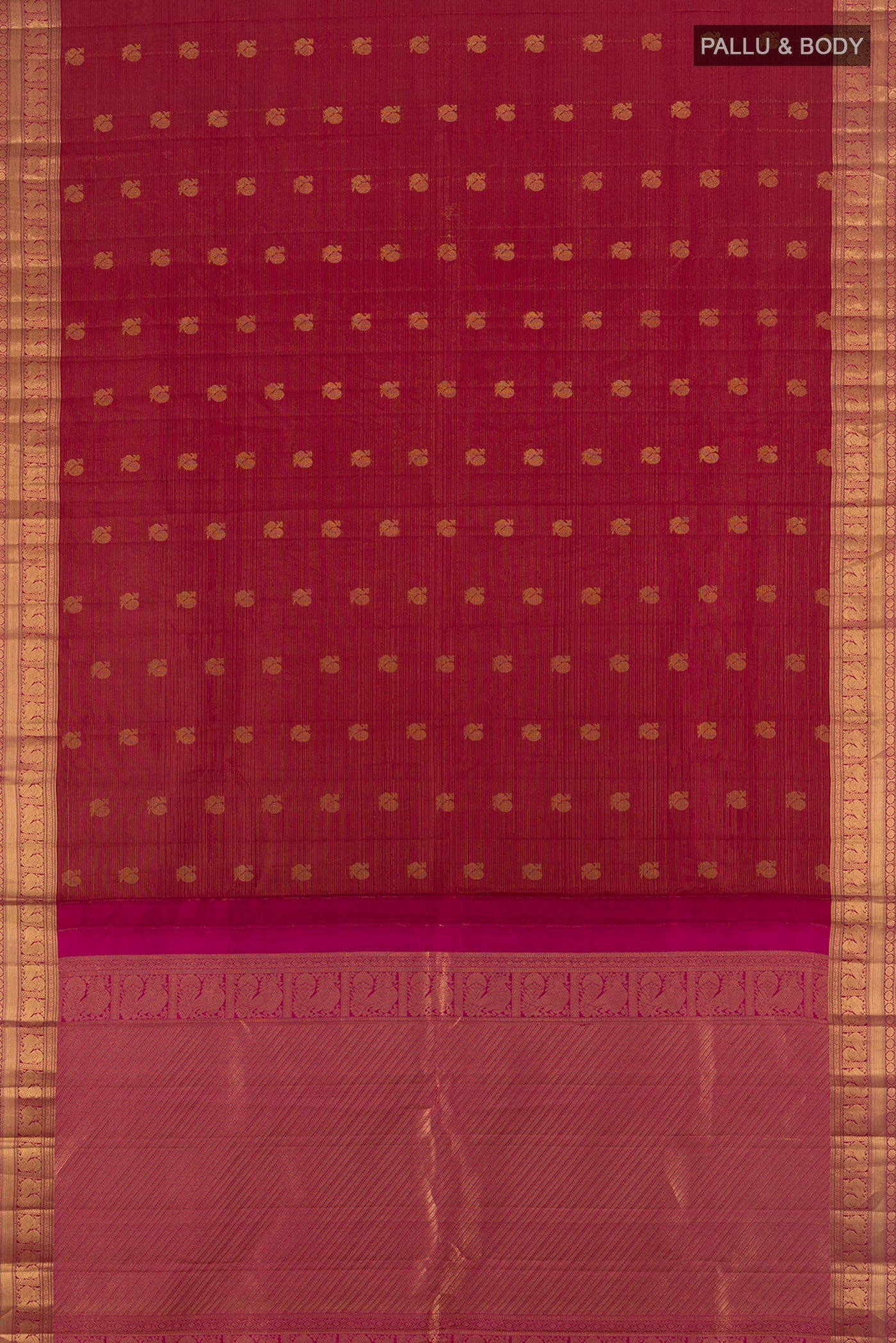 Flat view of Maroon Kanchipuram Silk Saree with Zari Butta on the body and Zari Border. 