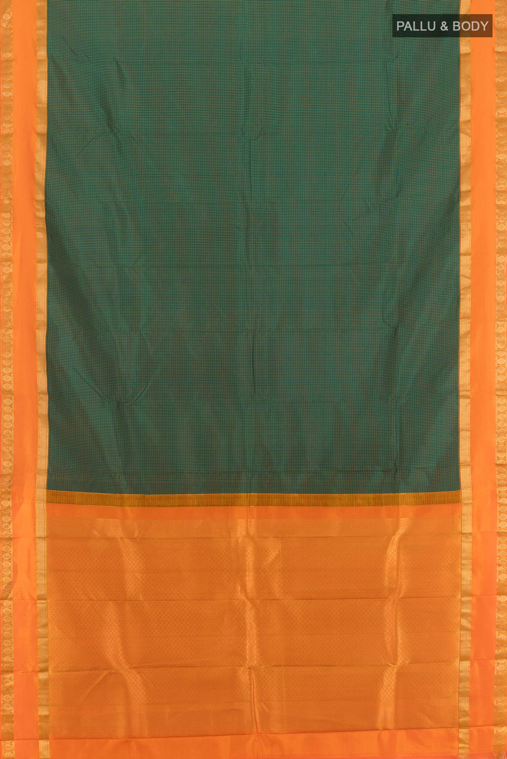 Flat view of Pure Silk Green Kanjivaram Saree with Checked design on the body and Zari Border. 