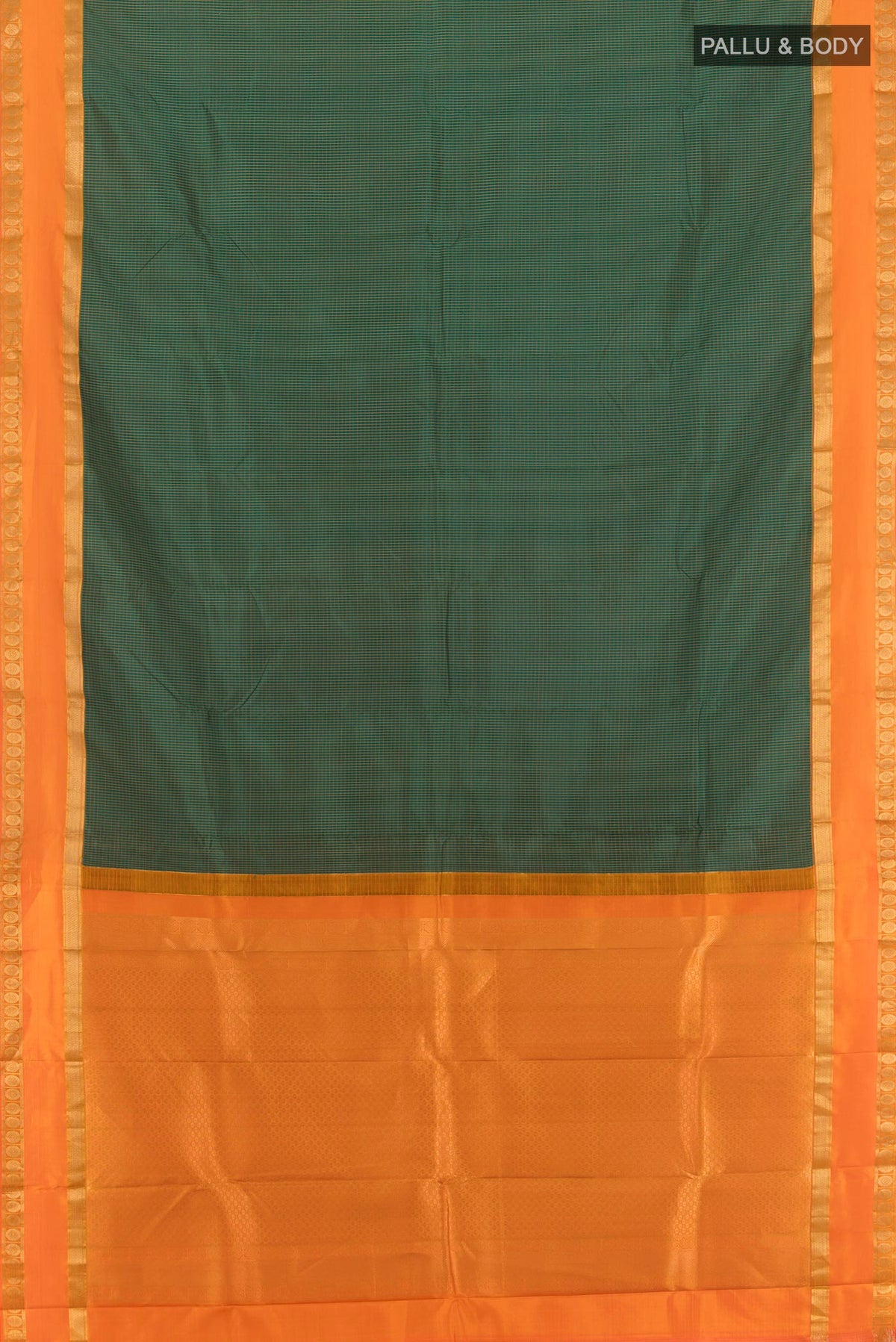 Flat view of Pure Silk Green Kanjivaram Saree with Checked design on the body and Zari Border. 