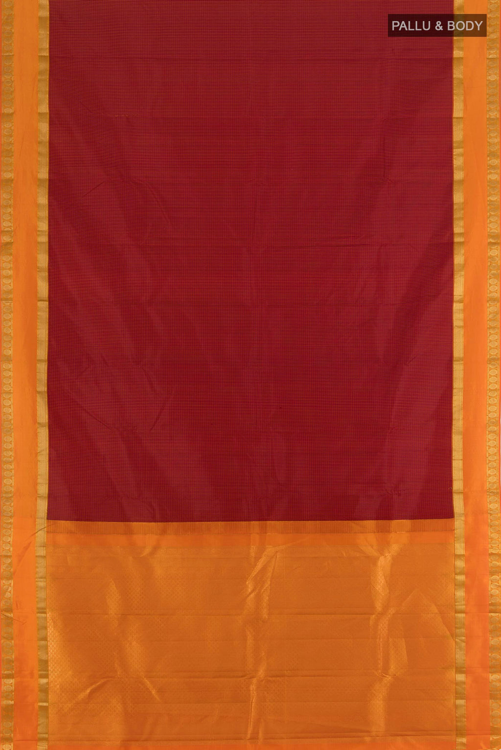 Flat view of Maroon Kanjivaram Silk Saree with Stripes on the body and Zari Border. 