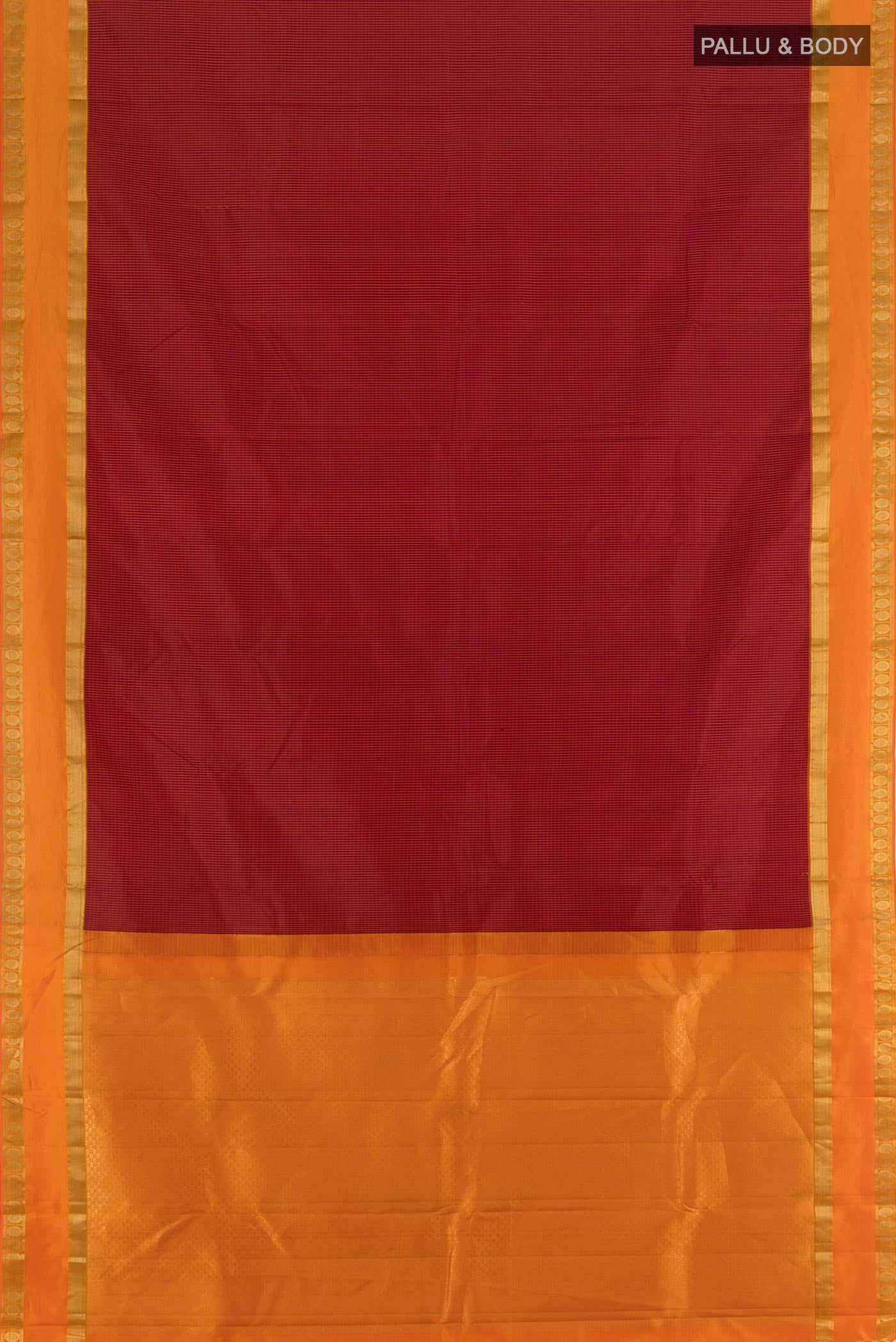 Flat view of Maroon Kanjivaram Silk Saree with Stripes on the body and Zari Border. 