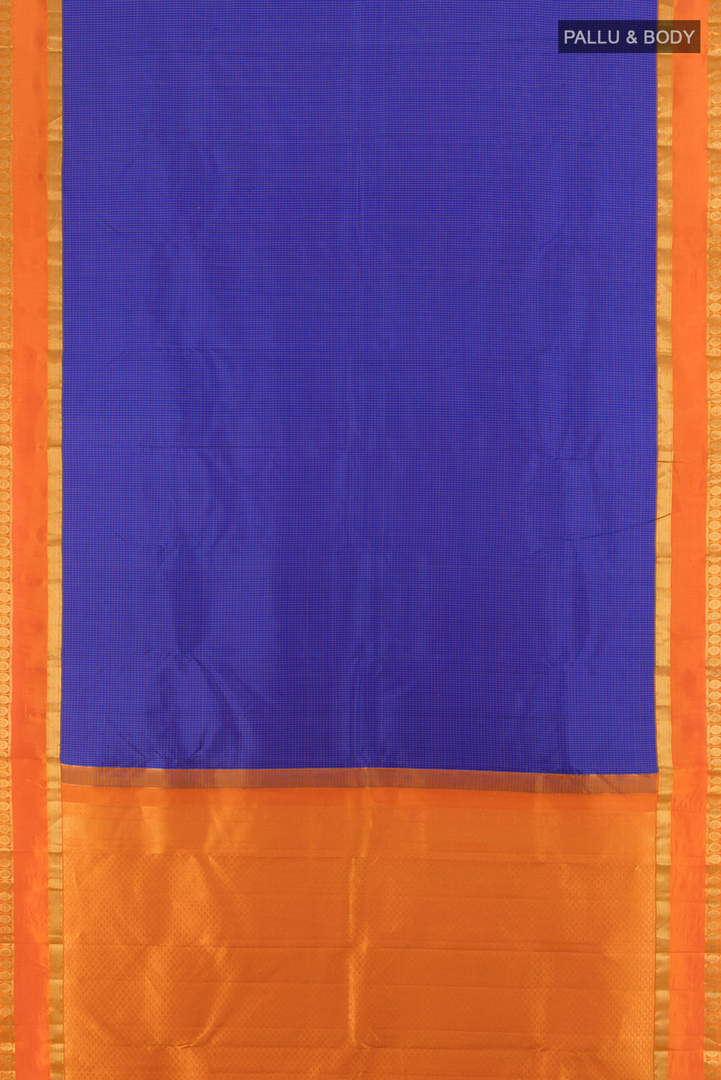 Flat view of Royal Blue Kanjivaram Silk Saree with Checked design on the body and Zari Border. 
