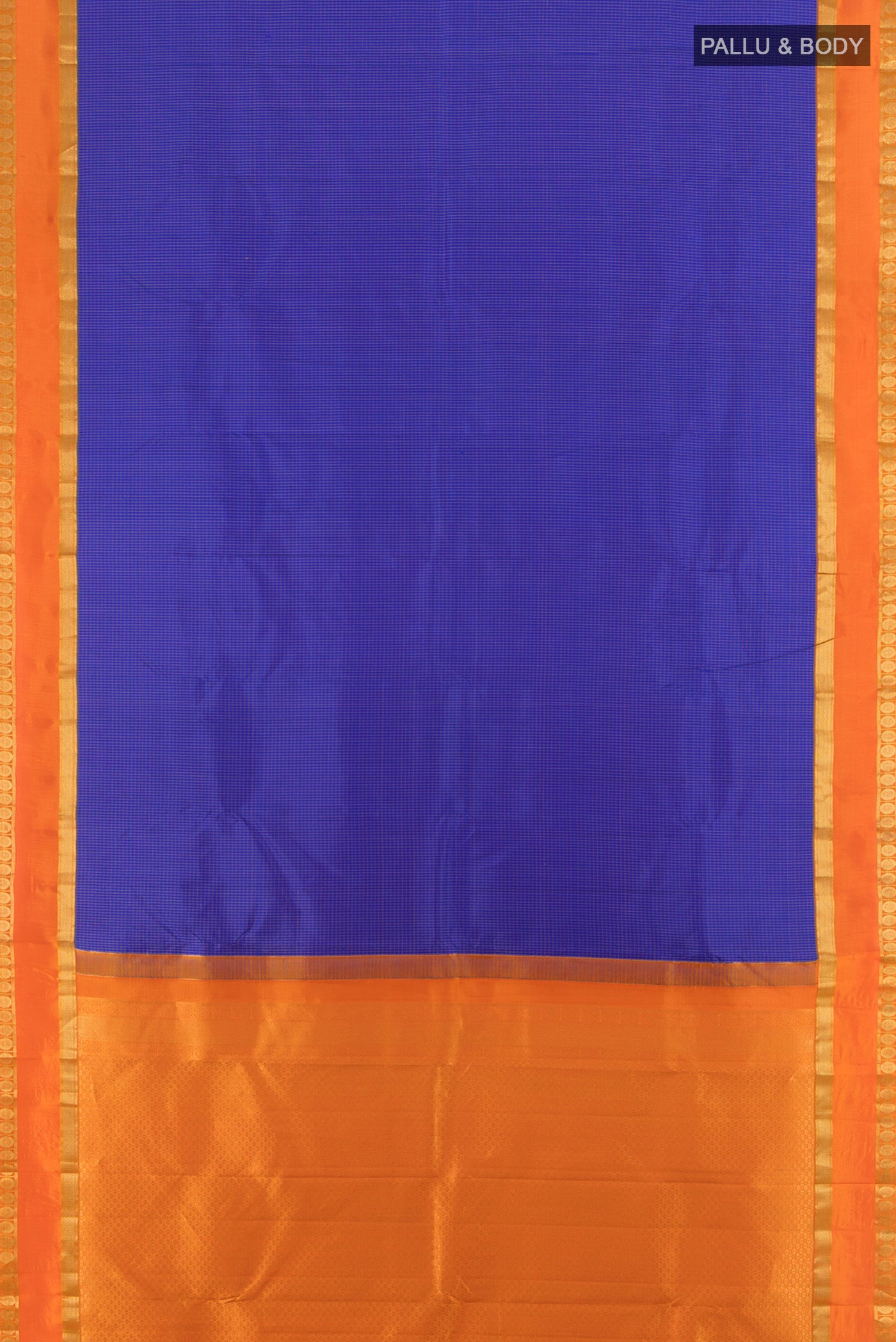 Flat view of Royal Blue Kanjivaram Silk Saree with Checked design on the body and Zari Border. 
