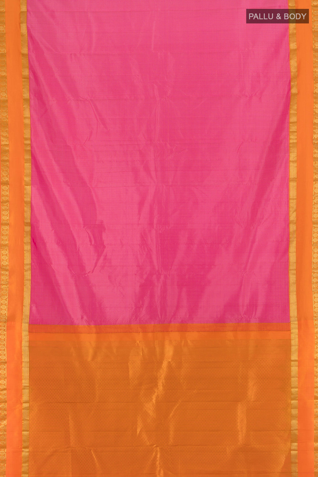 Flat view of Rose pink Kanjivaram Silk Saree with Checked design on the body and Zari Border. 