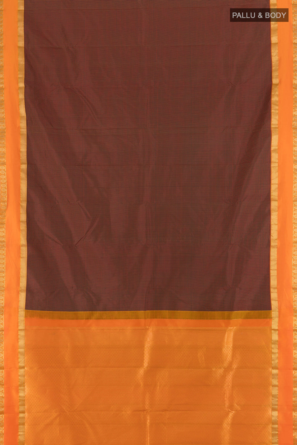 Flat view of Coffee Brown Kanjivaram Silk Saree with Checked design on the body and Zari Border. 
