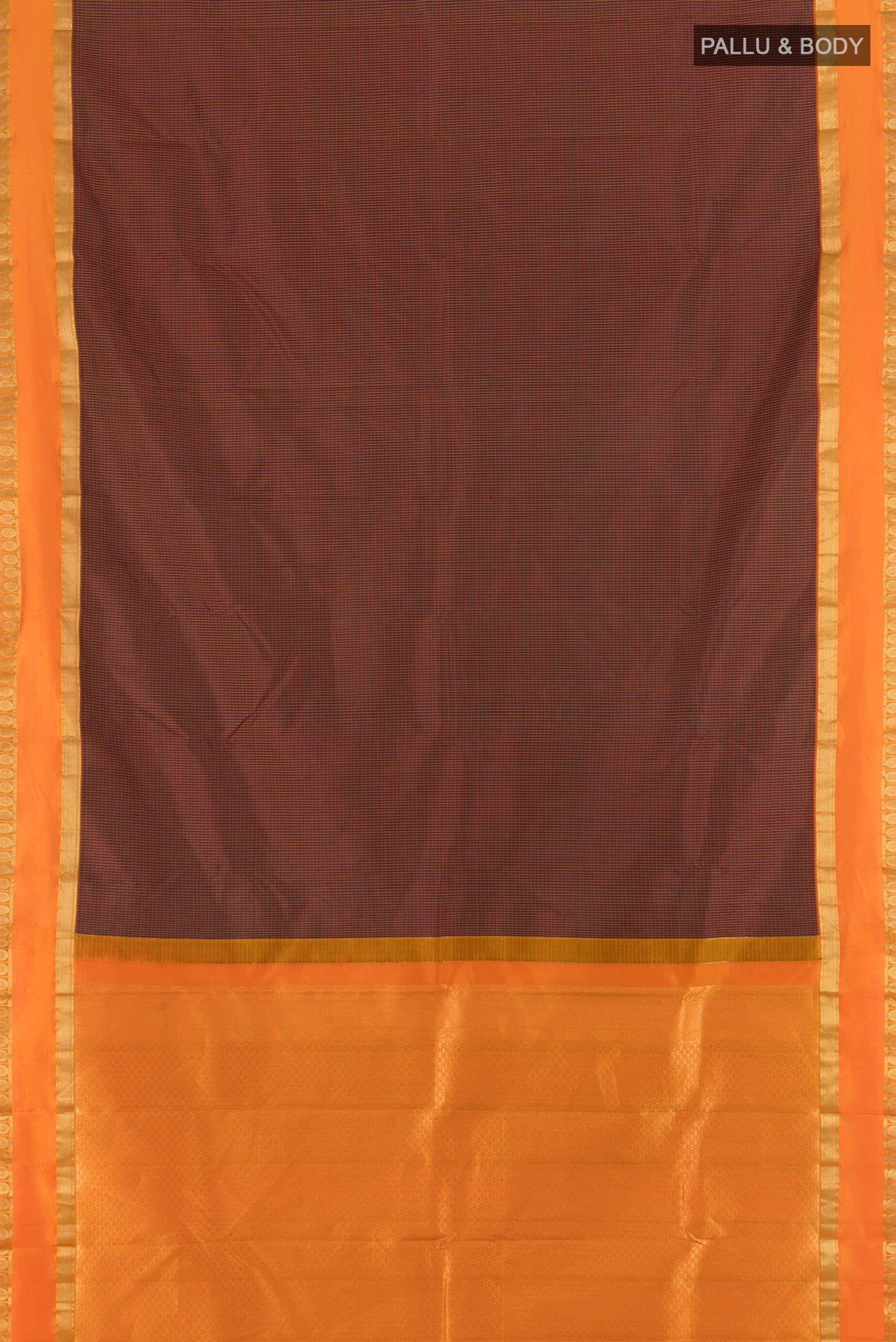 Flat view of Coffee Brown Kanjivaram Silk Saree with Checked design on the body and Zari Border. 