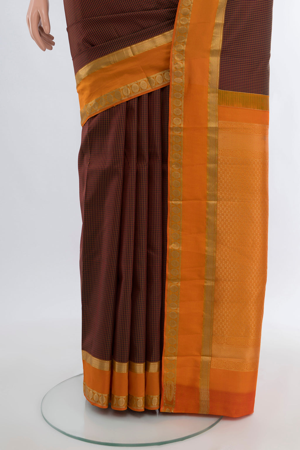 Pleats and pallu of Coffee Brown Kanjivaram Silk Saree with Checked design on the body and Zari Border. 