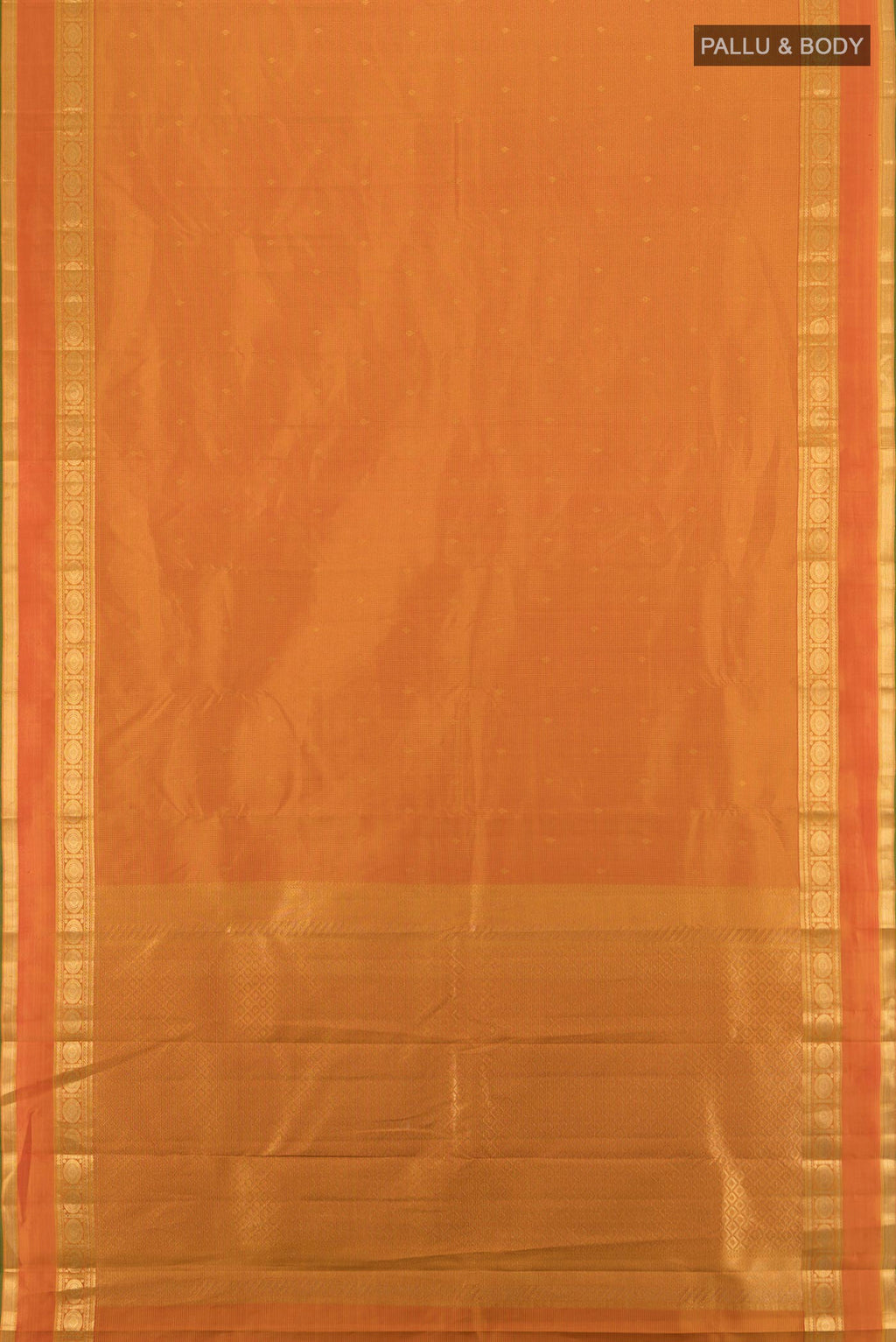 Flat view of Mustard Kanjivaram Silk Saree with Zari Butta on the body and Zari Border. 