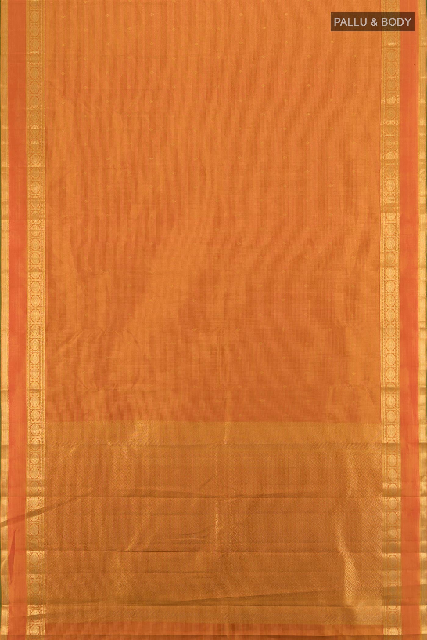 Flat view of Mustard Kanjivaram Silk Saree with Zari Butta on the body and Zari Border. 