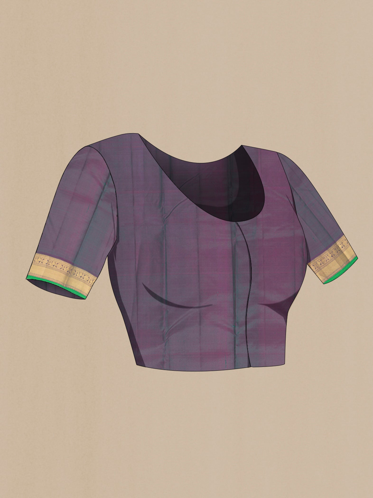 Close up image of the blouse of Green Kanchipuram Silk Saree with Zari Butta on the body and Zari Border. 
