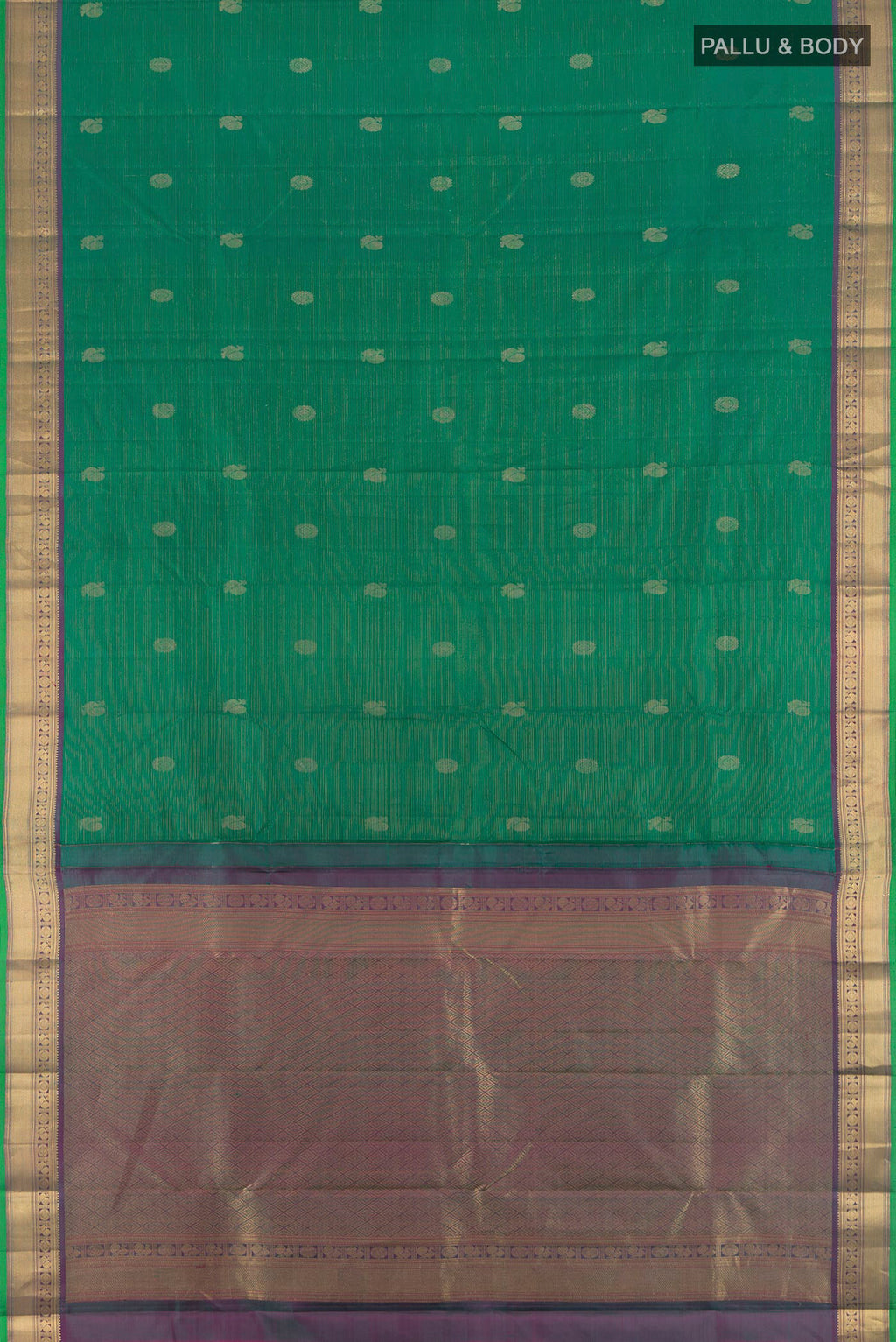 Flat view of Green Kanchipuram Silk Saree with Zari Butta on the body and Zari Border. 