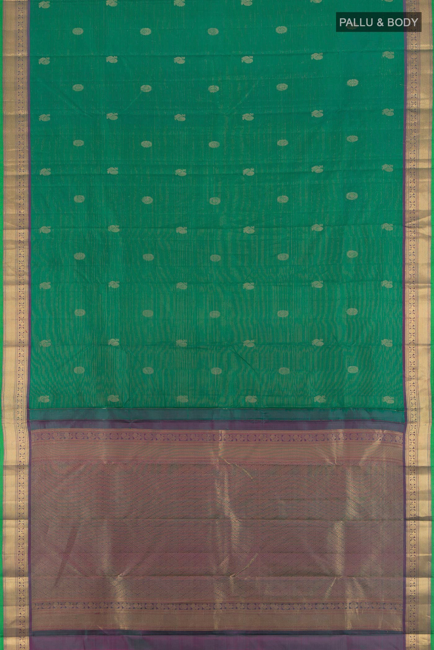 Flat view of Green Kanchipuram Silk Saree with Zari Butta on the body and Zari Border. 