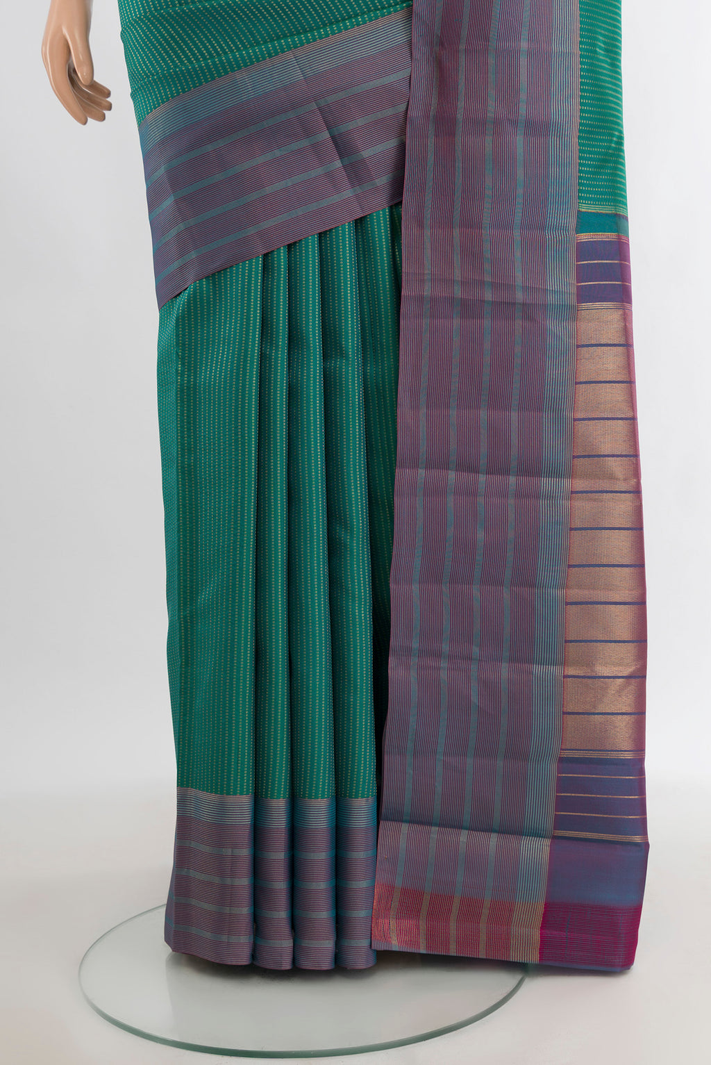 Pleats and pallu of Sea Green Kanchipuram Silk Saree with Stripes on the body and Zari Border. 