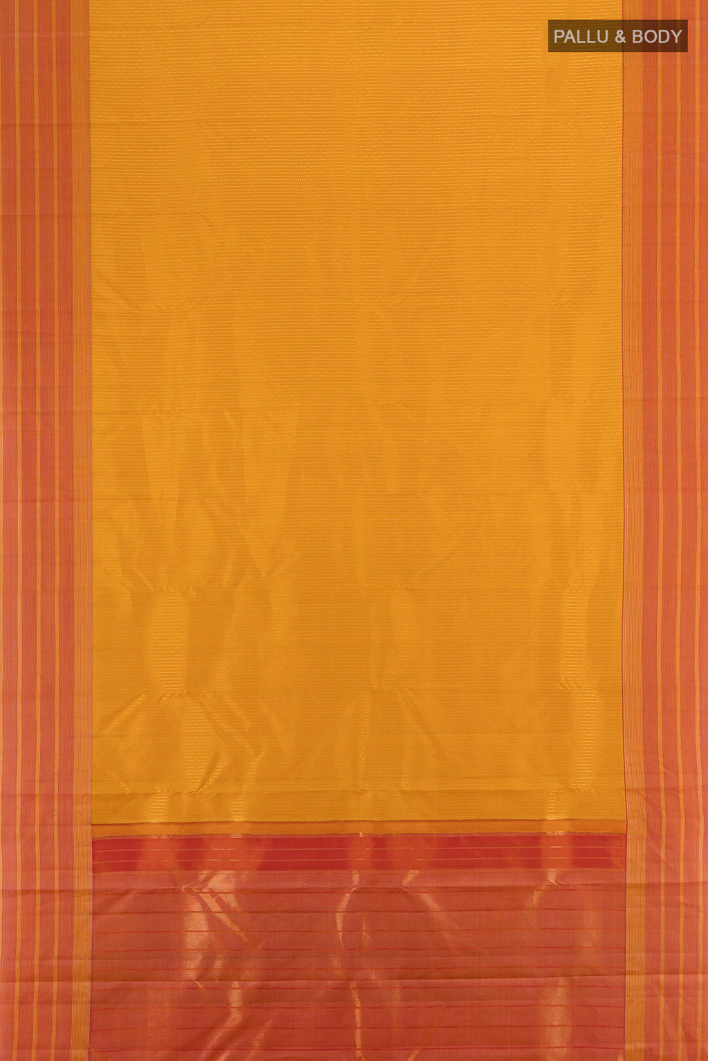 Flat view of Mustard Kanchipuram Silk Saree with Stripes on the body and Zari Border. 